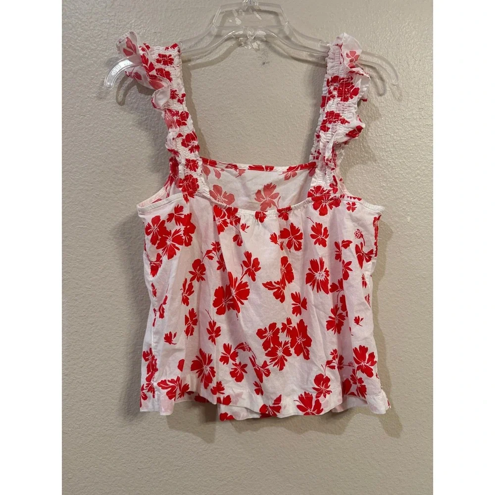 J Crew Re-Imagined  Small Red White Floral Ruffle Smocked Strap Cotton Tank
